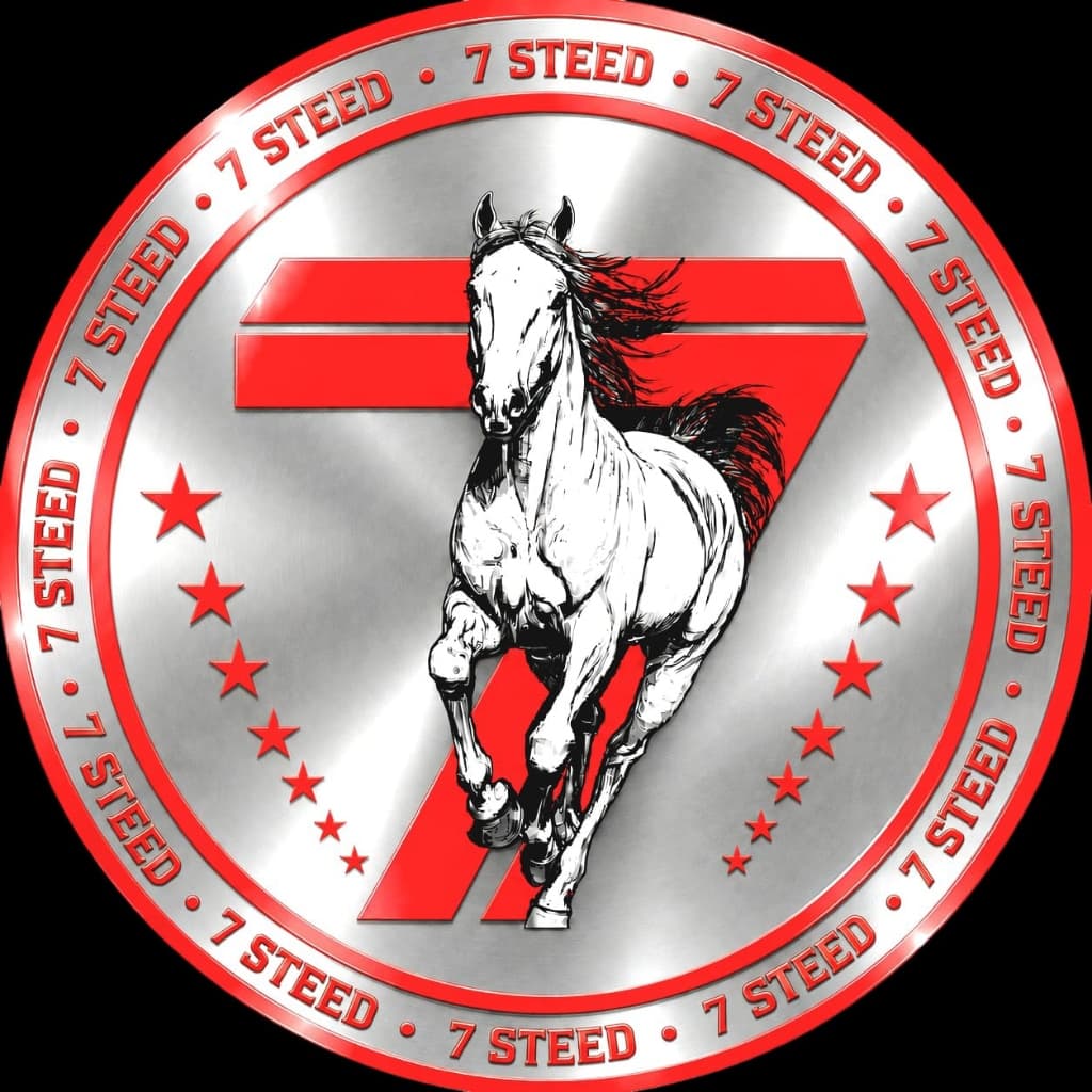 7 Steed medal — a galloping horse encircled by the brand name and seven stars